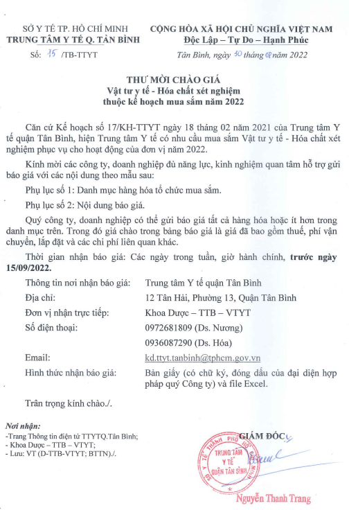 THƯ MỜI CHÀO GIÁ VẬT TƯ Y TẾ - HOÁ CHẤT XÉT NGHIỆM THUỘC KẾ HOẠCH MUA SẮM NĂM 2022